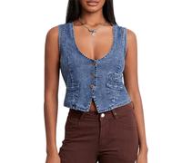 Himllauen Women Denim Vest Sleeveless V Neck Button Outwear Gilet with Pockets for Spring Summer Casual Street Streetwear Aesthetic Clothes (Blue, L)