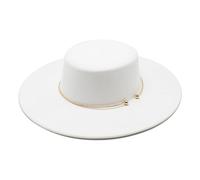Himllauen Women Men Fedora Hat Felt Metal Decor Solid Color Classic Flat Top Jazz Cap Personalized Wide Brim Top Hat (White, ONE Size)