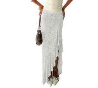 Himllauen Women’s Long Skirt Sheer Lace High Waist Skirts Solid Color Irregular Ruffles Elegant Bodycon Skirt for Vacation Streetwear Beach Party Daily Club (White, S)