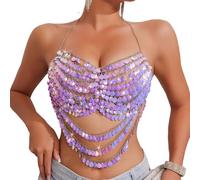 Himllauen Women Sequin Chain Halter Tank Tops Summer Sleeveless Sparkly Shell Shape Shiny Cami Lingerie Casual Tops for Beach Holiday (Purple, ONE Size)