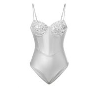 Himllauen Women Sequin Slim Sleeveless Bodysuit Sparkly Spaghetti Strap Triangle Romper Leotard Tops Summer Party Club Dress (Silver, S)