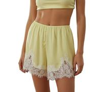 Himllauen Women Summer Casual Satin Shorts Contrast/Solid Color Lace Trim Coquette Elastic Waistband Streetwear Holiday Beachwear Shorts Lounge Wear Pjs (Yellow, L)