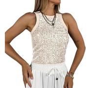 Himllauen Women Summer Sequin Slim Fit Sexy Vest Shiny Sleeveless Round Neck Solid Color/Leopard Print Sparkly Tank Tops Streetwear for Club Party