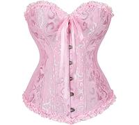 Himllauen Women Tie up Overbust Corset Solid Color Sexy Bodycon Sleeveless Boned Ruffle Jacquard Bustier with Bow Body Shaper for Lady Elegant Tops (Pink, S)