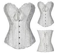 Himllauen Women Tie up Overbust Corset Solid Color Sexy Bodycon Sleeveless Boned Ruffle Jacquard Bustier with Bow Body Shaper for Lady Elegant Tops (White, L)