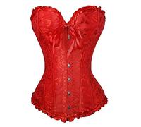 Himllauen Women Tie up Overbust Corset Solid Color Sexy Bodycon Sleeveless Boned Ruffle Jacquard Bustier with Bow Body Shaper for Lady Elegant Tops (Red A, L)