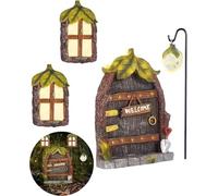 himmel Miniature Fairy Garden Accessories Fairy Door and Windows for Trees, Glow in The Dark Yard Sculpture Lawn Ornament Mini Garden Art Outdoor Decor Accessories with Lantern