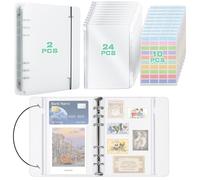 HIMOMO 2 Pcs A5 6 Ring Binder Cover with 24 Pcs Plastic Zipper Budget Binder Pockets with Holes, Refillable Notebook Shelll Set for Photo,Bills Organizer, Office, Home, School (with 10 Stickers)