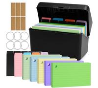 HIMOMO Index card box Set with 250pcs A7 Flashcards Lined,1 Colored Index Tabs,6 Rings, 6 Stickers, 5 black dividers, Flashcard Box for Office School Home Learning Record(368pcs)