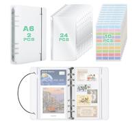 HIMOMO Pack of 2 A6 Ring Binder with 24 Pieces 6 Holes PVC Binder Pockets, Transparent Budget Binder A6 for Cash Cards Storage Scrapbooking Office Supplies