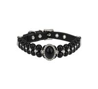 Himscev Artificial Pearls Cat Collar with Rhinestones(Black,M Neck 26-32cm)