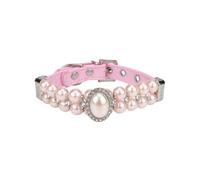 Himscev Artificial Pearls Cat Collar with Rhinestones(Pink,M Neck 26-32cm)