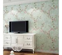HimYKEA American Countryside Rustic Non-Woven Wallpaper Small Flowers Tree Pattern Retro Style Bedroom Living Room Background Non-Woven Wallpaper Light Green 1.73'W x 32.8'L