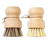 Hinapan Pack of 2 Bamboo Dish Scrubbing Brushes, with Hanging Cord, Durable Wooden Tableware Scrubbing Brush, for Cleaning Pans, Pots and Sink (Sisal and Palm)