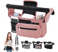 HINATAA Buggy Pram Organiser, Baby Pram Bag with 2 Drink Holders, Buggy Organiser Children's Trolley with Shoulder Strap & 2 x Secure Hooks, Pushchair Accessories with Zip Pocket (Pink)