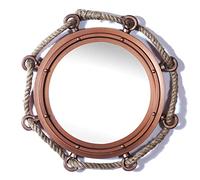 Hind Handicrafts Nautical Porthole Wall Mirror - 15" Round Rope-Wrapped Aluminum Ship-Style Mirror in Matte Copper | Maritime Home Decor Accent with Mounting Hardware
