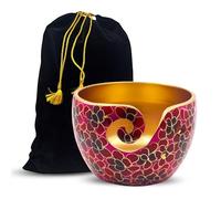 Hind Handicrafts Premium Solid Crafted Floral Metallic Finish Aluminium Portable Yarn Bowl Holder for Knitting Crochet Gift Set (6" x 6" x 4", Red)