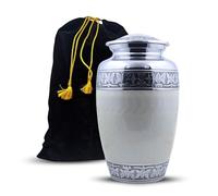 Hind Handicrafts Silver Engraved Cremation Urn for Adults, Handmade Wooden Urn in Pearl White, Solid Pattern, 7"L x 7"W x 10.5"H, 220 cubic inches
