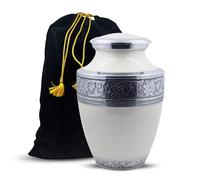 Hind Handicrafts Silver Engraved Cremation Urn for Human Ashes Adult - Pearl White Floral Pattern Funeral Urn - 200 Cu in Large Metal Memorial Urn with Velvet Bag - Handcrafted Decorative Burial Urn