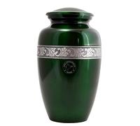 Hind Handicrafts Silver Engraved Cremation Urn for Human Ashes | Green Aluminum Funeral Urn with Velvet Bag (70 Cubic Inches)