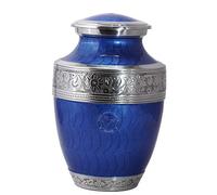 Hind Handicrafts Silver Engraved Cremation Urn for Human Ashes - Handcrafted Adult Funeral Urn - Large, Bag Included (7" x 7" x 10" - 200 bs or 90 kg, Pearl Blue)