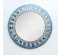 Hind Handicrafts Turquoise Wooden 16" Round Wall Mirror - Large Rustic Accent Mirror for Bathroom, Entry, Dining Room & Living Room
