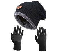 HINDAWI Slouchy Beanie Winter Hats for Men Windproof Scarf Warm Snow Knit Skull Cap (Hat+Gloves (Black))