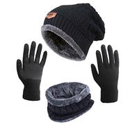 HINDAWI Slouchy Beanie Winter Hats for Men Windproof Scarf Warm Snow Knit Skull Cap (Hat+Scarf+Gloves (Black))