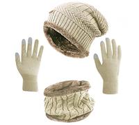 HINDAWI Winter Hat Scarf Gloves Slouchy Beanie Snow Knit Skull Cap Touch Screen Mittens Circle Scarves for Women, _Hat+scarf+gloves (Beige), X-Large