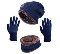 HINDAWI Winter Hat Scarf Gloves Slouchy Beanie Snow Knit Skull Cap Touch Screen Mittens Circle Scarves for Women Men, _Hat+scarf+gloves (Navy), M