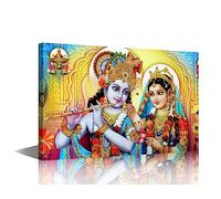 Hindu God Canvas Wall Art for Living Room Lord Radha Krishna Large Wall Art Modern Artwork Contemporary Home Decor India Religious Flute Print On Canvas Ready to Hang for Bedroom Office 24"Wx36"H