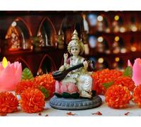 Hindu Lord Saraswati Idol Statue - 5.1"H Saraswati Statue Murti Diwali Gifts Pooja Decor Home Temple Mandir Altar Puja Item Indian Gifts for Hindu Man Woman People