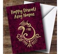 Hindu Pattern Ganesh Pink Personalised Diwali Card - Happy Diwali Card, Hindu Festival Happy Diwali Card, Personalised Card