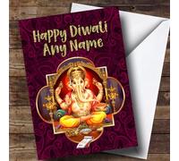 Hindu Pattern Lord Ganesh Pink Personalised Diwali Card - Happy Diwali Card, Hindu Festival Happy Diwali Card, Personalised Card