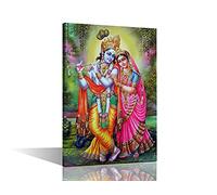Hindu Wall Decor Lord Krishna Poster Prints on Canvas Krishna Indian Wall Art 1 Panel Deity Hinduism Bedroom Decor Modern Home Decor for Living Room Framed Ready to Hang (16''Wx 24''H)