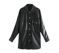Hinewsa Fashion Faux Leather Jackets Lady Elegant Straight Loose Pockets Womens Autumn Buttons PU Street Coats Black