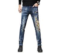 Hinewsa Men's Chinese Dragon Embroidery Jeans Fashion Slim Pencil Pants Stretch Denim Trousers Blue 30