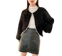 Hinewsa Women Sweet Lantern Sleeve Cashmere Sweater Knitted Cardigan Korean Beads Causal Knitwear Open Stitch Black