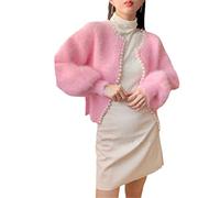 Hinewsa Women Sweet Lantern Sleeve Cashmere Sweater Knitted Cardigan Korean Beads Causal Knitwear Open Stitch Pink
