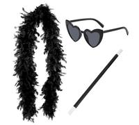 HINFHI 1 Black Feather Shawl, 1 Heart-Shaped Sunglasses, 1 Magic Wand, Role-Playing Props, Creative Personality, Women'S Clothing Set.