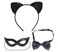 HINFHI 1 Piece Cat Ear Headband, 1 Piece Eye Mask And 1 Piece Bow Tie, Sequin Headband, Role-Playing Accessories, Party Dress-Up Supplies.