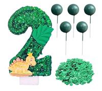 HINFHI 1 Piece Of 2-Year-Old Dinosaur Candle, 5 Pieces Of Green Ball Plug-Ins, 1 Pack Of Confetti, Birthday Cake Topper, Children'S Birthday Party Decoration Set.