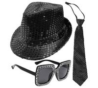 HINFHI 1 Sequin Hat, 1 Sequin Tie And 1 Spectacles, Stage Performance Costumes, Stylish And Personalized Accessories.