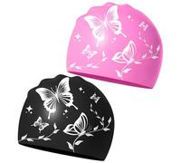 HINFHI 2 Pieces Butterfly Printed Swimming Caps, Women'S Waterproof Swimming Caps, Swim Equipment, Elastic Silicone Swimming Caps.