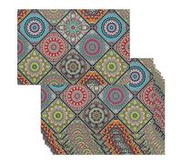 HINFHI 7 Pieces Boho Table Mats, Dining Table Decorations, Vintage Printed Table Mats, Party Supplies.