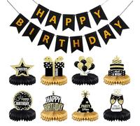 HINFHI 8 Pieces Of Honeycomb Ornaments And 1 Set Of Birthday Banners, Birthday Party Supplies, Dining Table Decorations, Creative Decorations.