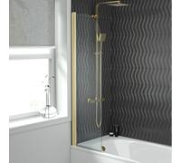 Hinged 400 x 1400mm Bathtub Screen, 5mm Tempered Glass - Brushed Brass