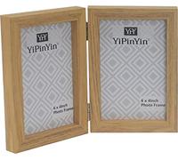 Hinged Double Photo Frame 6x4'',Natural Wood Effect 4x6'' Double Picture Frame,Twins frame with Glass, Primary Wood Grain Color Holds 2 Standard Photoes Foldable,Family Photo Frame 6x4''