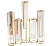 Hinged Flower Vase Test Tube Vase Flower Vase with Metal Stand Racks Folding Gold Flower Stand Clear Gold Bud Vases for Wedding Table Home Decoration, 5PCS