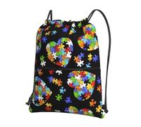 Hingor Autism Awareness Puzzle Pieces Heart Print Drawstring Backpack String Bag Sackpack Cinch Water Resistant For Gym Shopping Sport Yoga